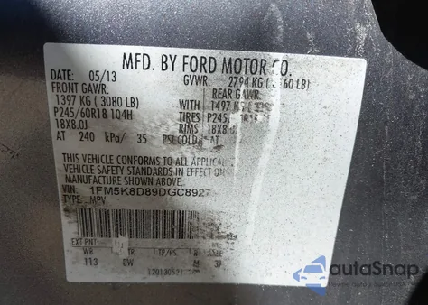 2013 Ford Explorer Xlt из США, поврежденный, VIN 1FM5K8D89DGC89273